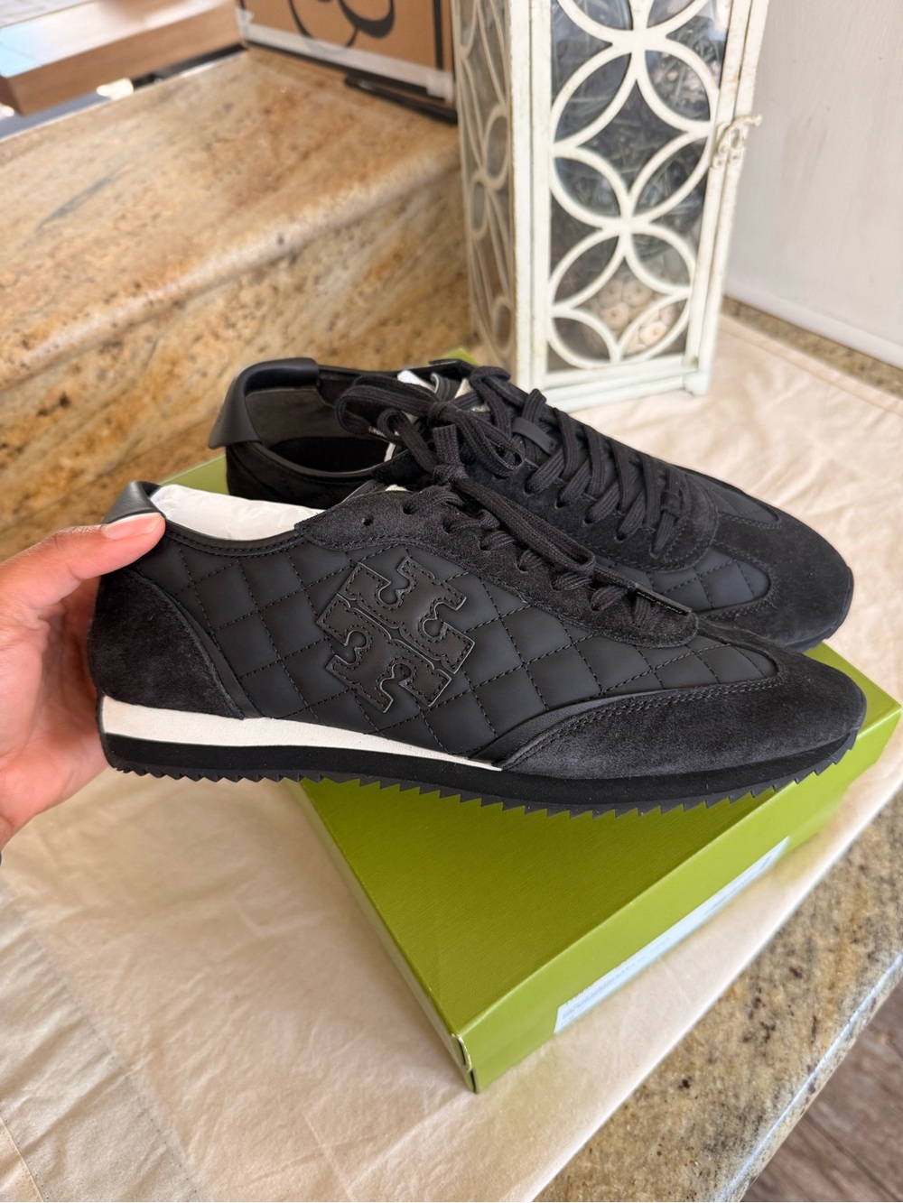 $325 Tory Burch Vintage Sneaker 2.0 Black Quilted Logo Trainer Shoes